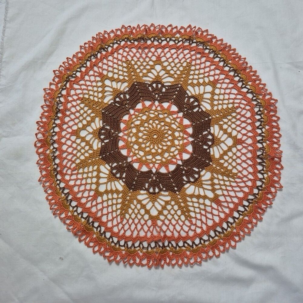 DOILY TABLE TOPPER HANDMADE CROCHET BGY ME 17 INCHES DIAMETER  GREAT FALL COLORS